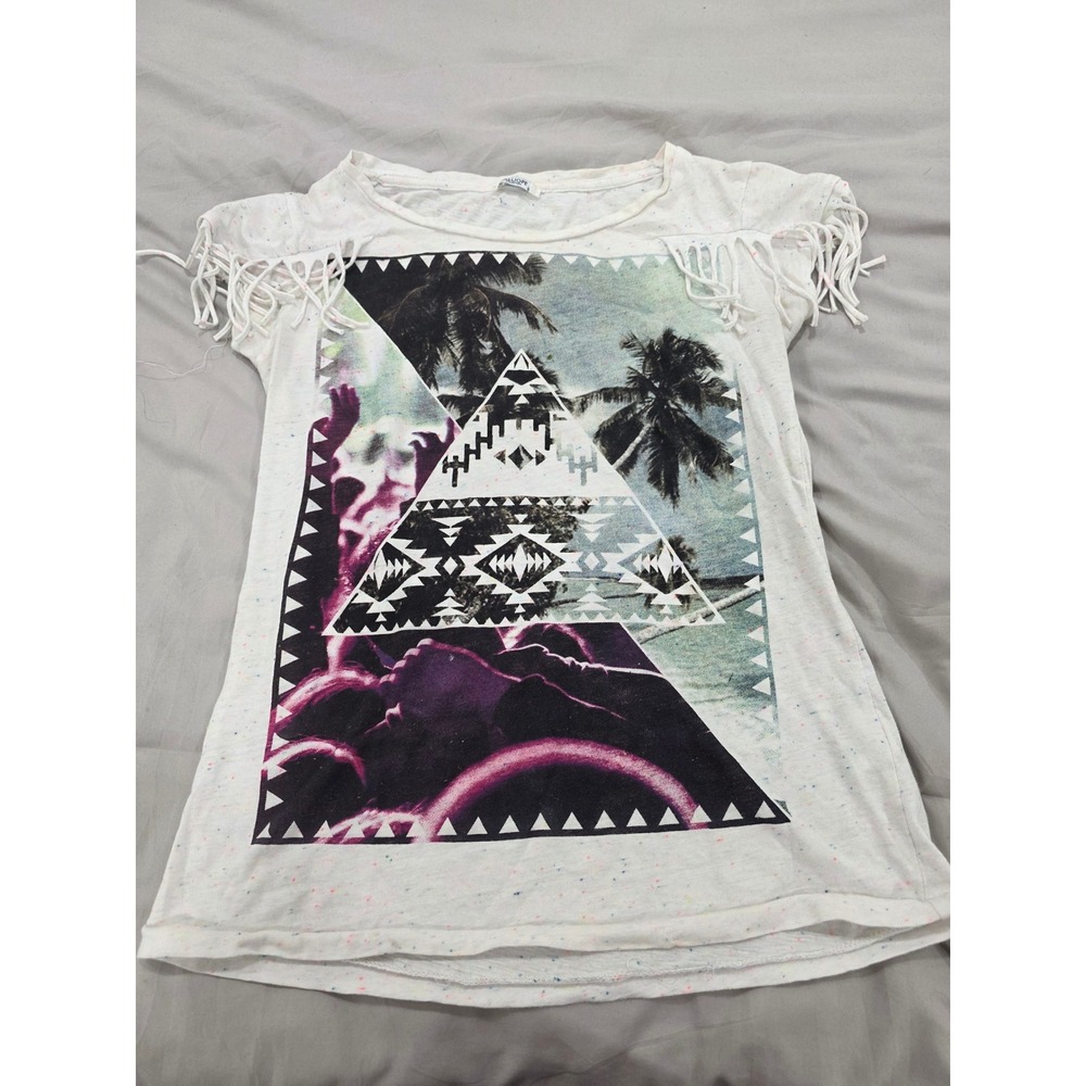 CALLIOPE Women Size S White Graphic Tee‎ Fringed Sleeve Tropical Mountain Print